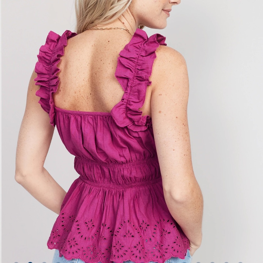 Sleeveless Waist-Defined Ruffle-Trimmed Embroidered Babydoll Blouse Dragon Fruit - Picture 3 of 9
